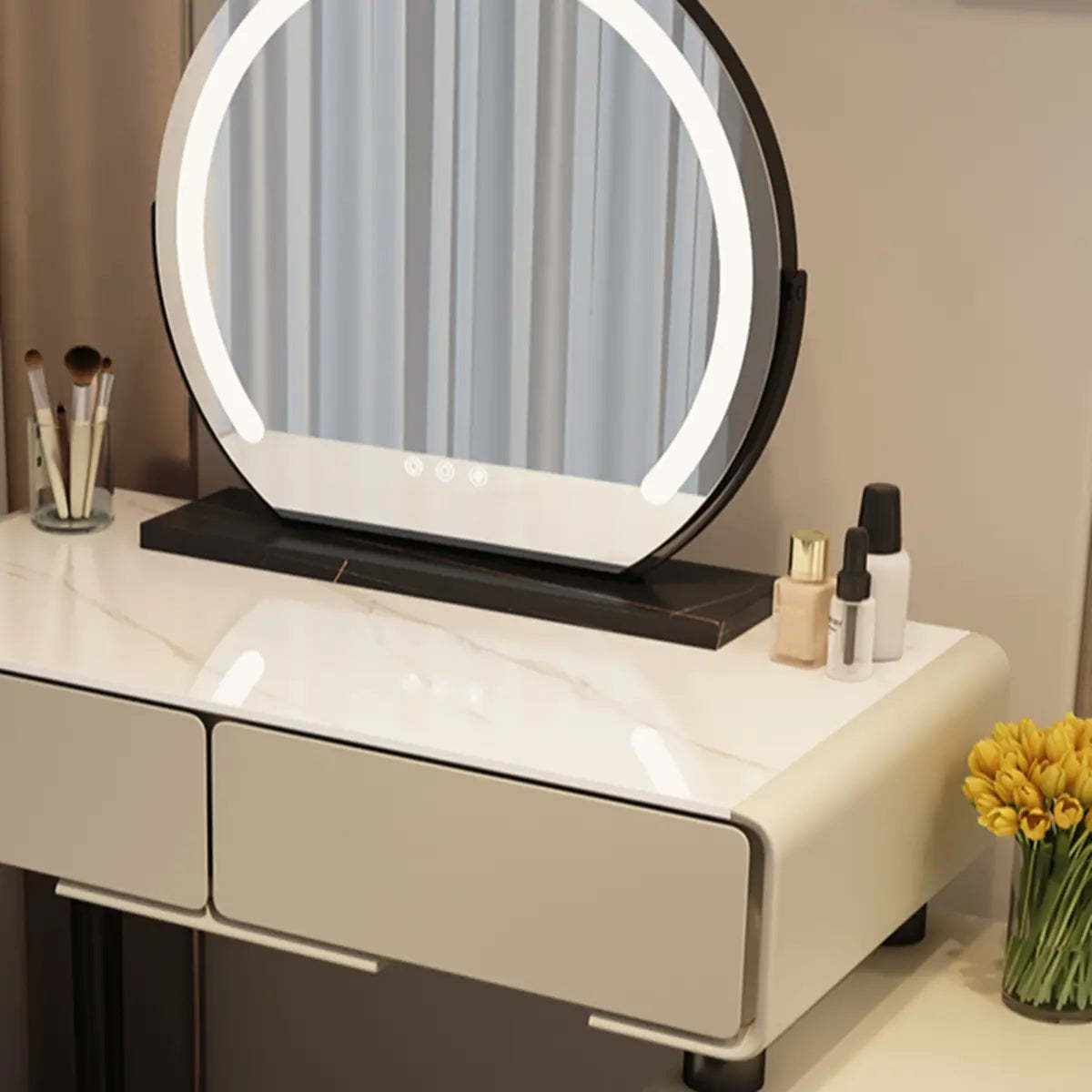 Rectangular White Wood LED Mirror Vanity — Khaki Gray / Rock Beam