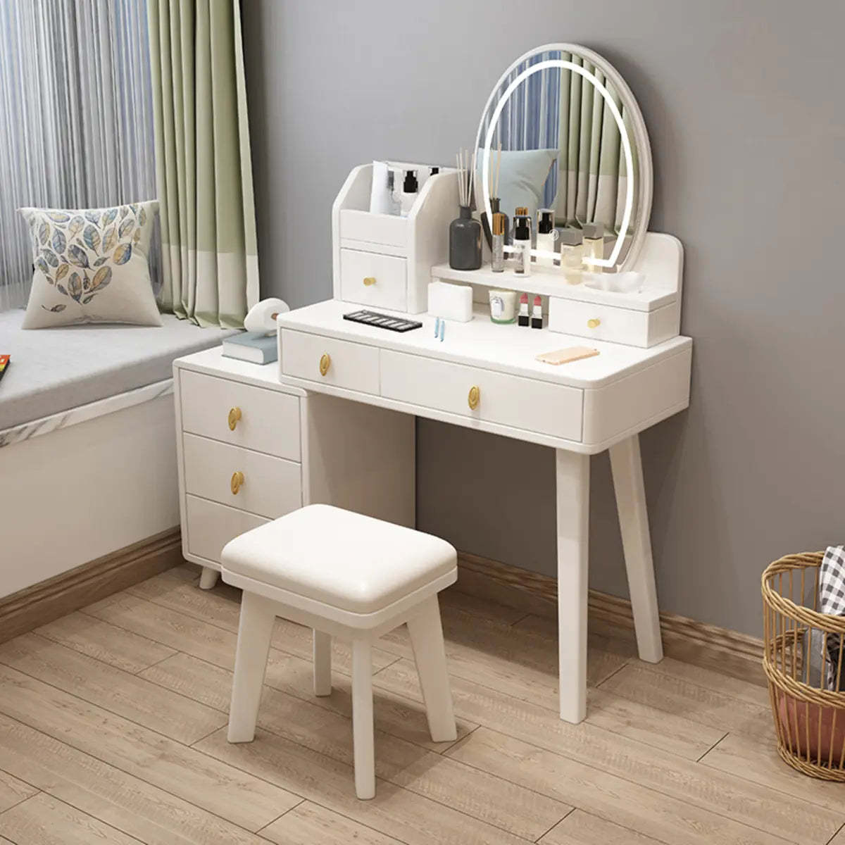 Rectangular White Wood Bedroom Vanity with Mirror — Nut-Brown / Makeup Vanity & Mirror