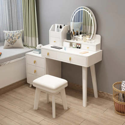 Rectangular White Wood Bedroom Vanity with Mirror — Nut-Brown / Makeup Vanity & Mirror