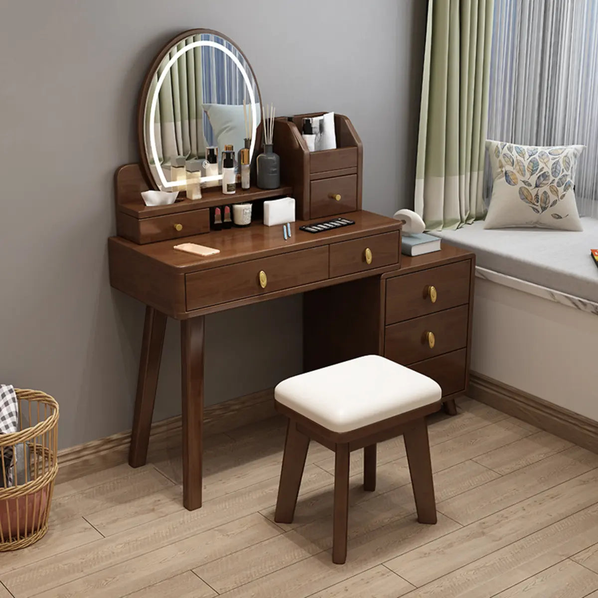 Rectangular White Wood Bedroom Vanity with Mirror — Nut-Brown / Makeup Vanity & Stool & Mirror