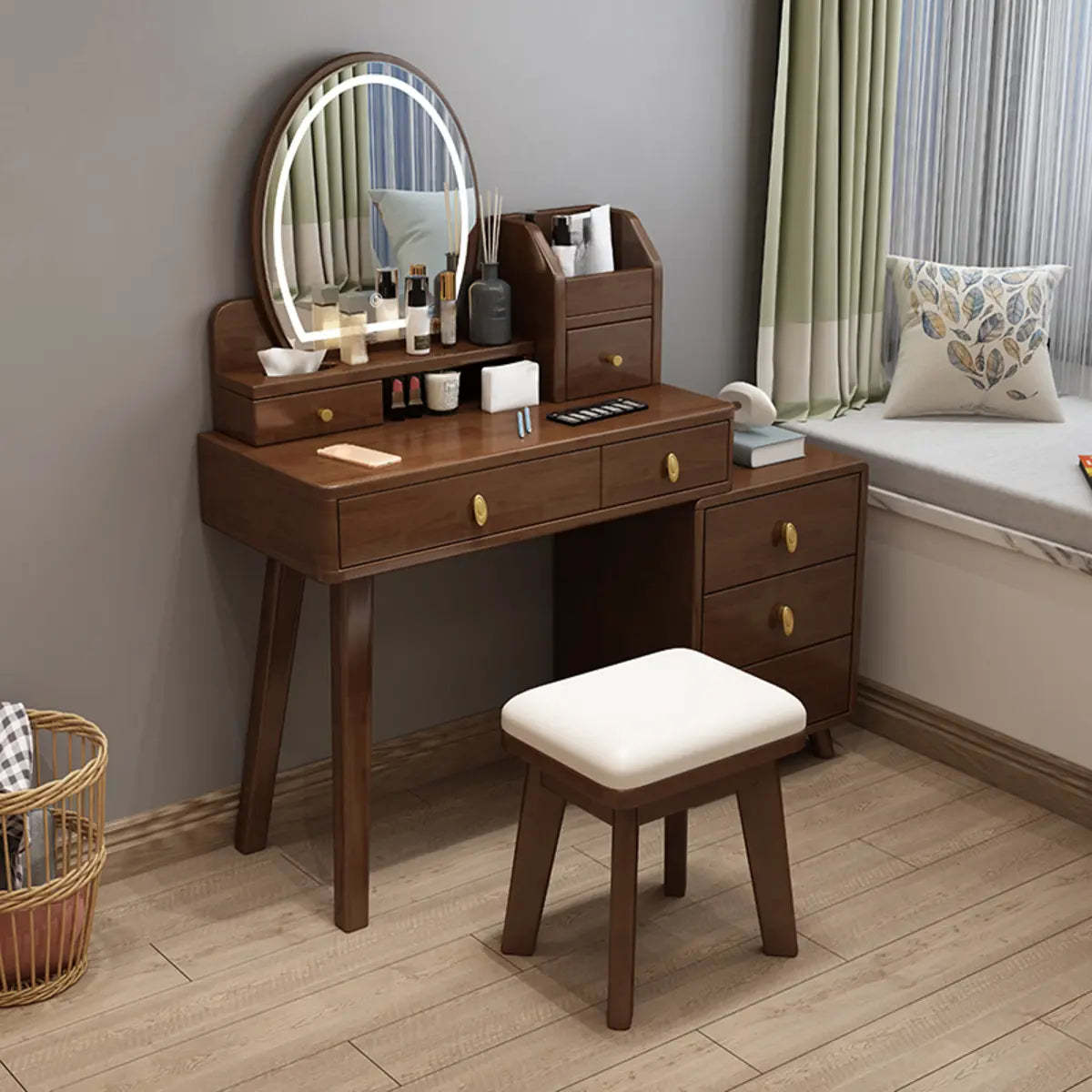 Rectangular White Wood Bedroom Vanity with Mirror — Nut-Brown / Makeup Vanity & Stool & Mirror