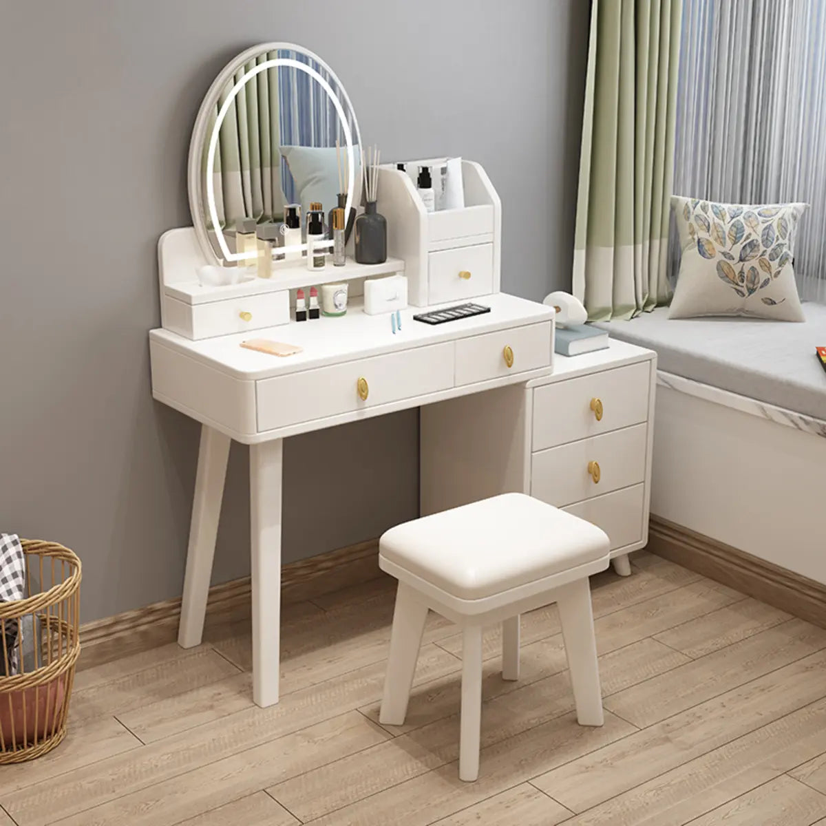 Rectangular White Wood Bedroom Vanity with Mirror