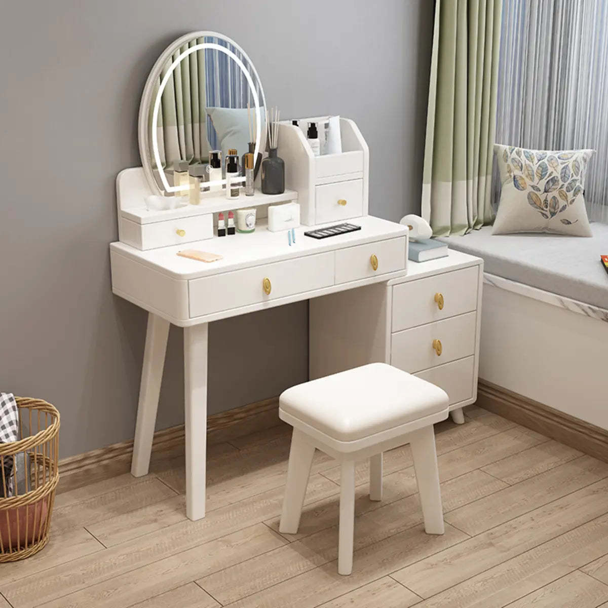 Rectangular White Wood Bedroom Vanity with Mirror