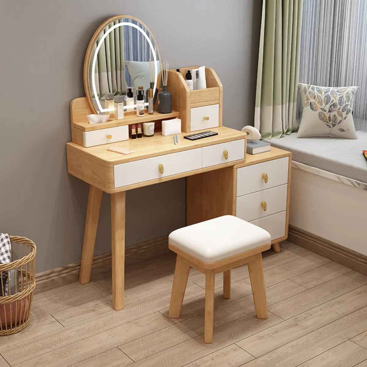 Rectangular White Wood Bedroom Vanity with Mirror