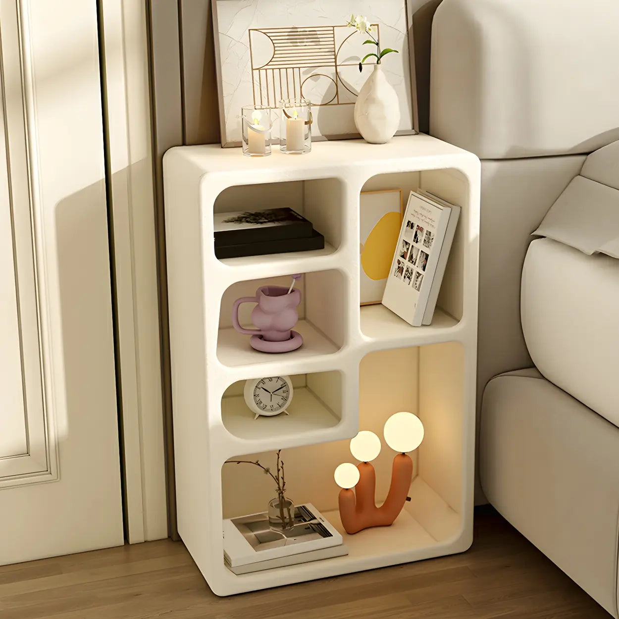 Modern Rectangular White Wood Open-Shelf Nightstand