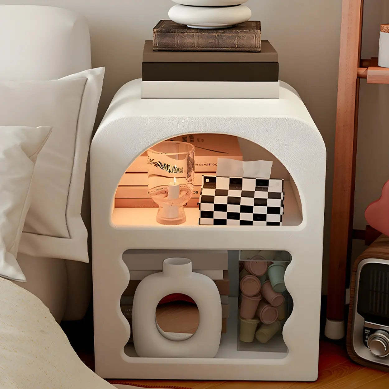 Modern Rectangular White Wood Open-Shelf Nightstand