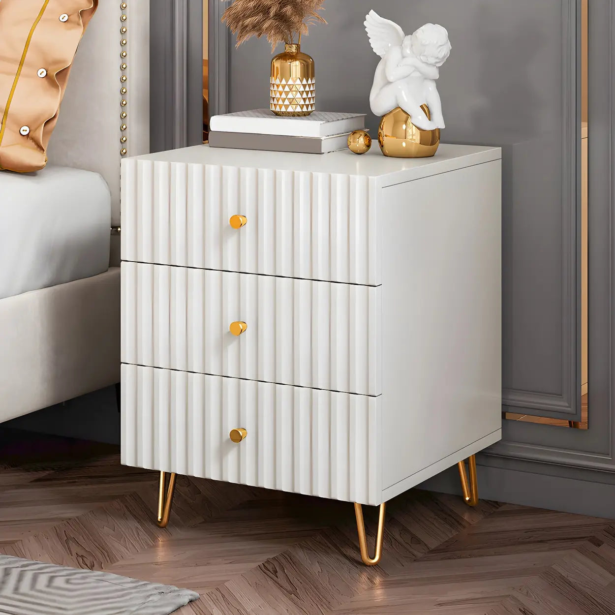 Stylish Rectangular White Wood Nightstand with Drawers