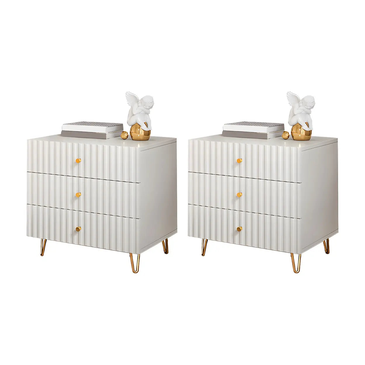 Stylish Rectangular White Wood Nightstand with Drawers — 2 Piece Set