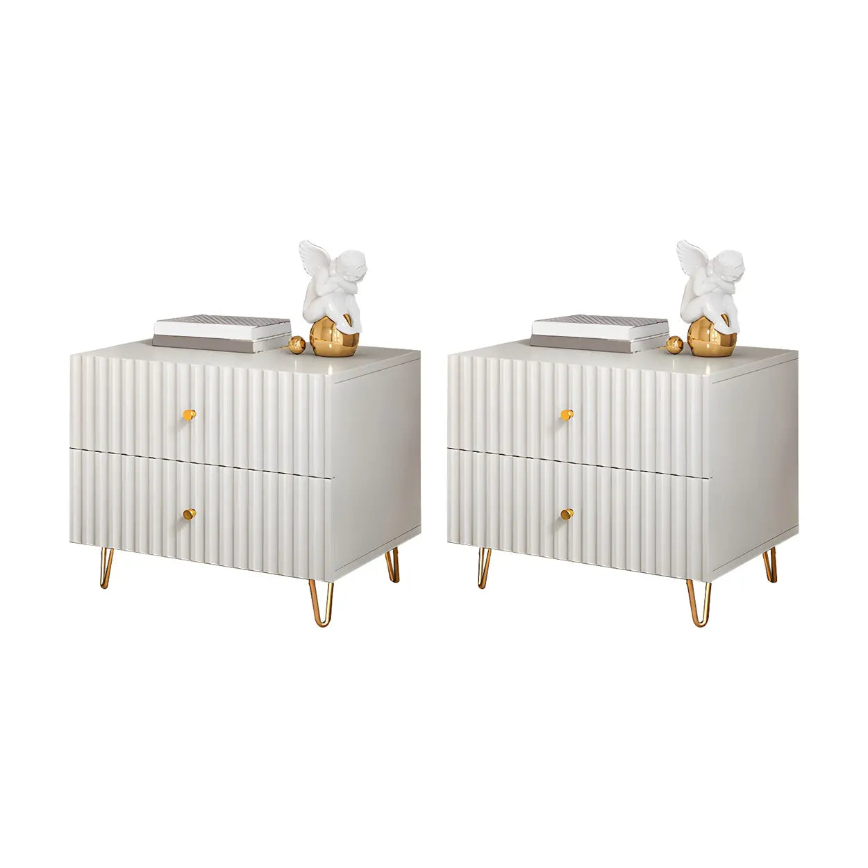 Stylish Rectangular White Wood Nightstand with Drawers — 2 Piece Set