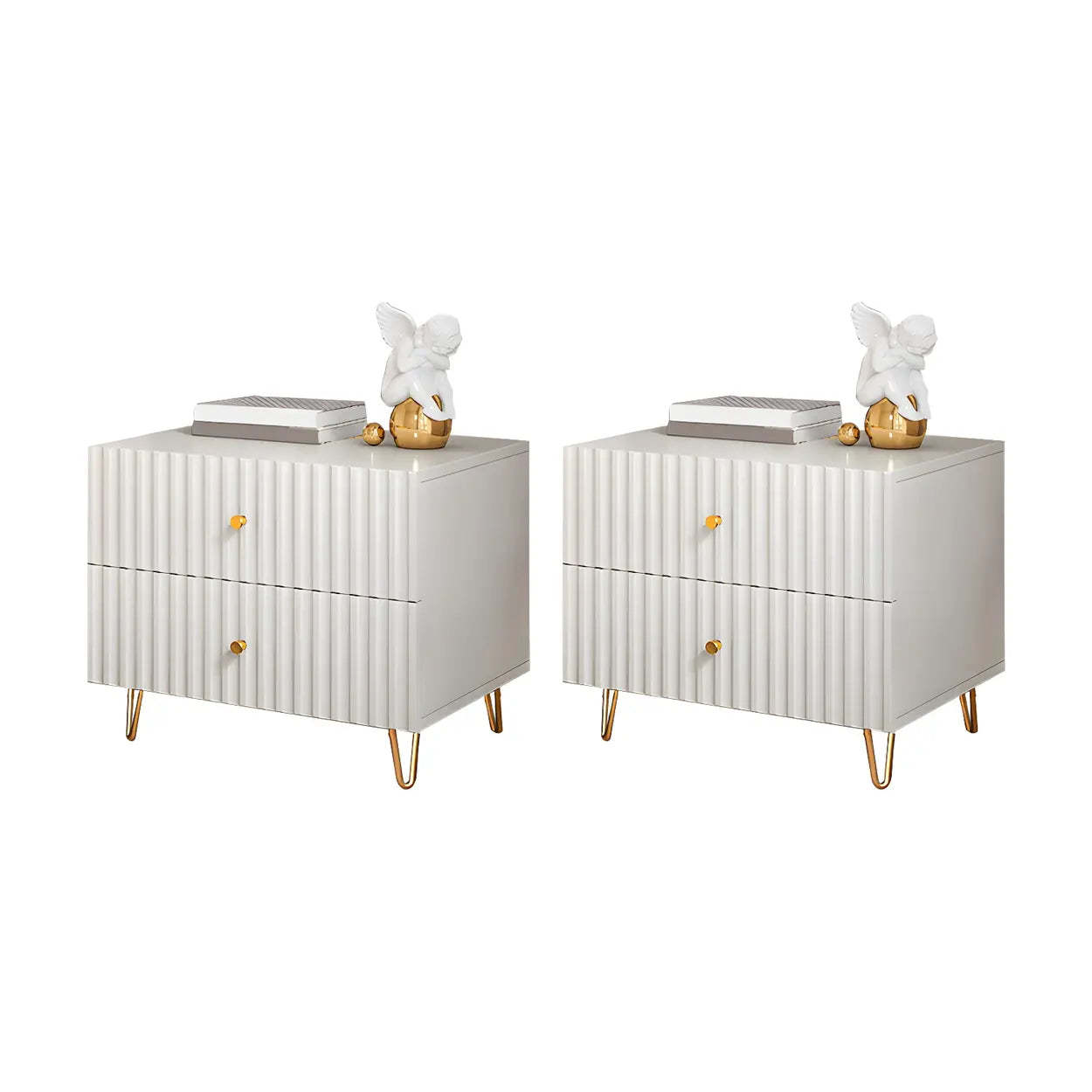 Stylish Rectangular White Wood Nightstand with Drawers — 2 Piece Set