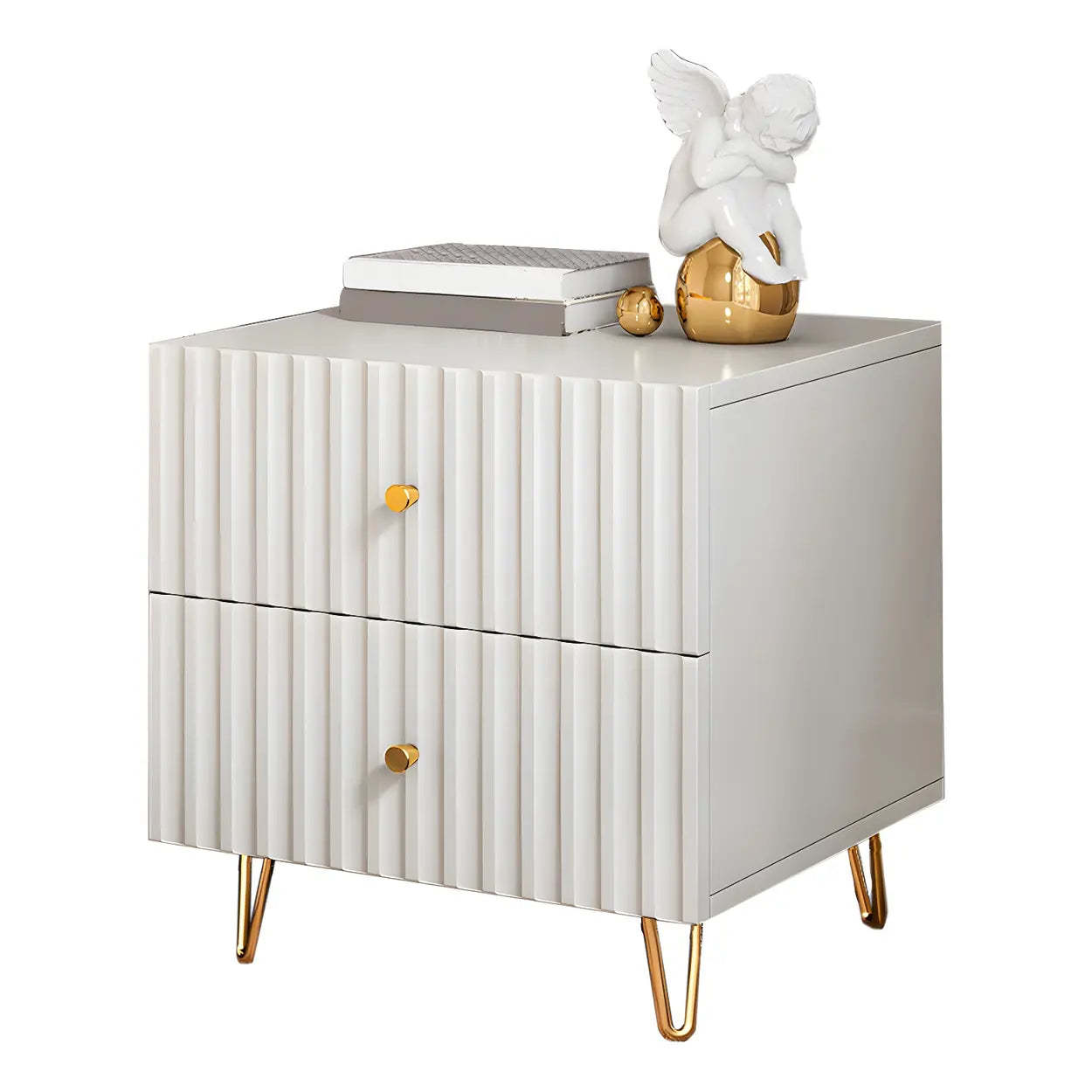 Stylish Rectangular White Wood Nightstand with Drawers