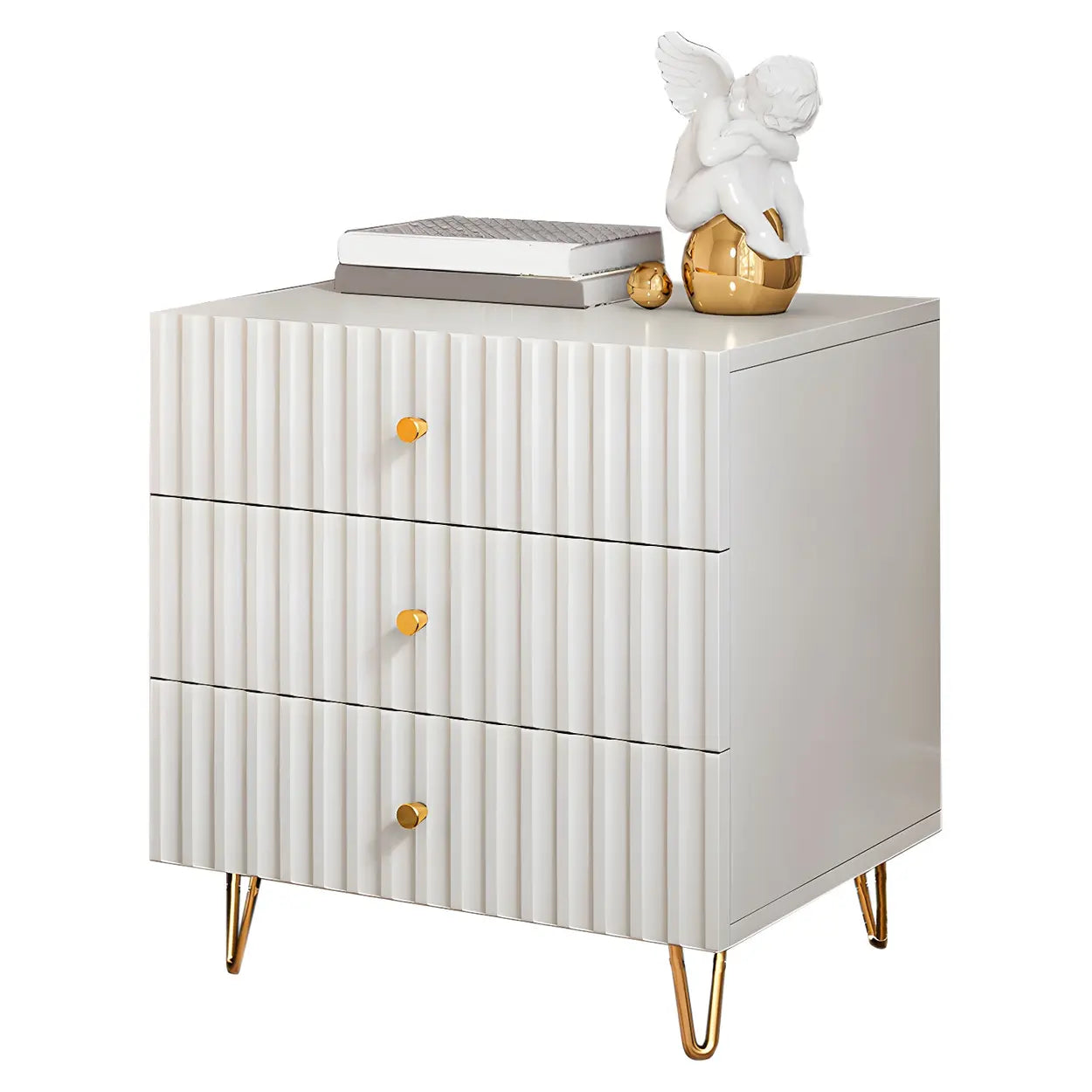 Stylish Rectangular White Wood Nightstand with Drawers