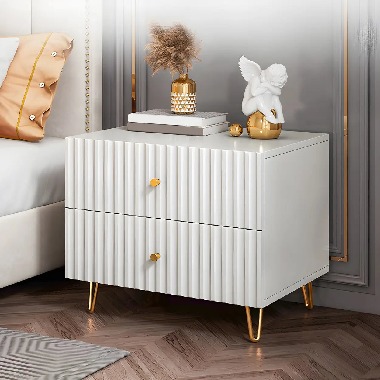 Stylish Rectangular White Wood Nightstand with Drawers — 2 Piece Set