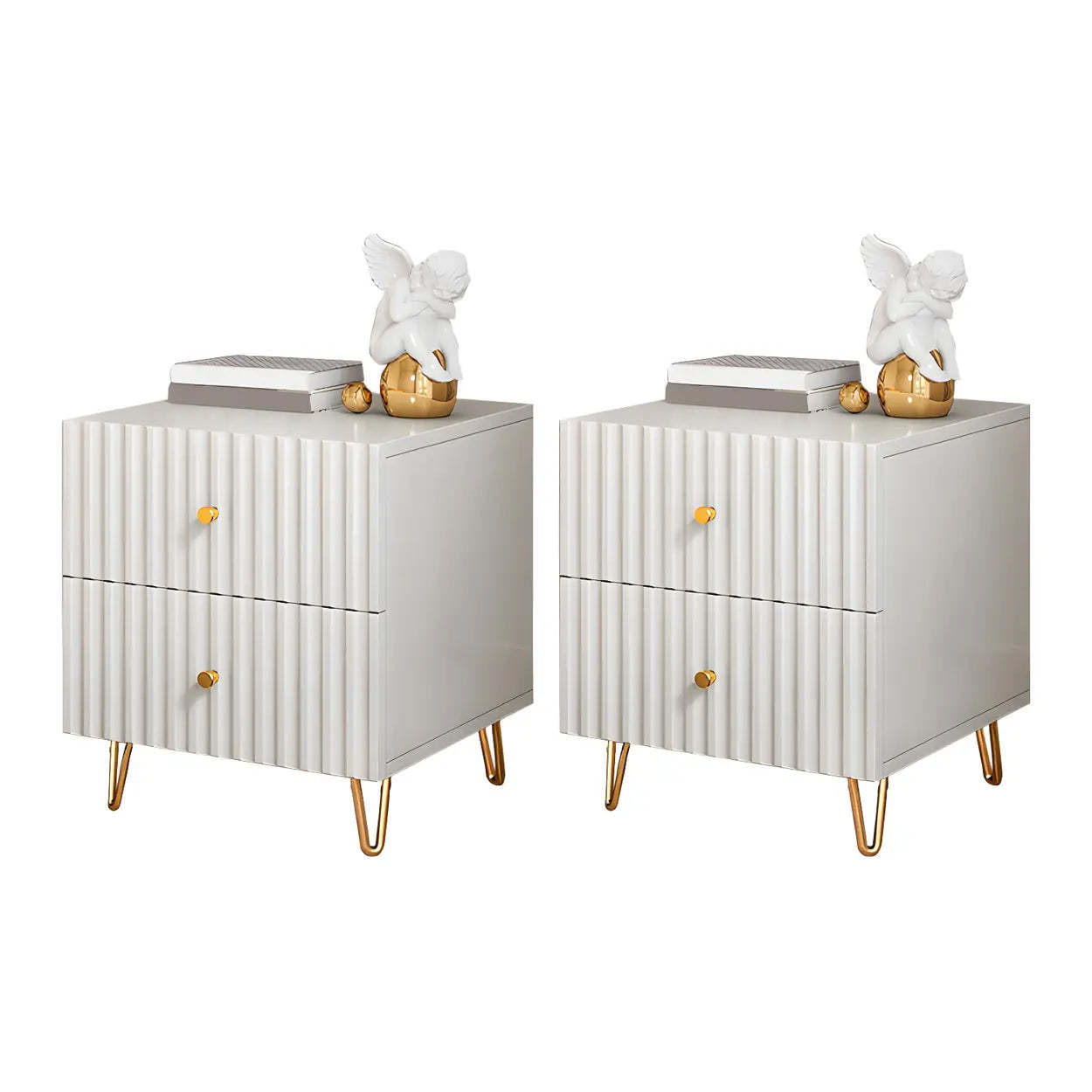 Stylish Rectangular White Wood Nightstand with Drawers