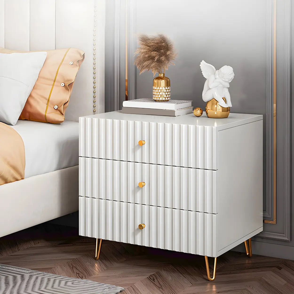 Stylish Rectangular White Wood Nightstand with Drawers — 2 Piece Set