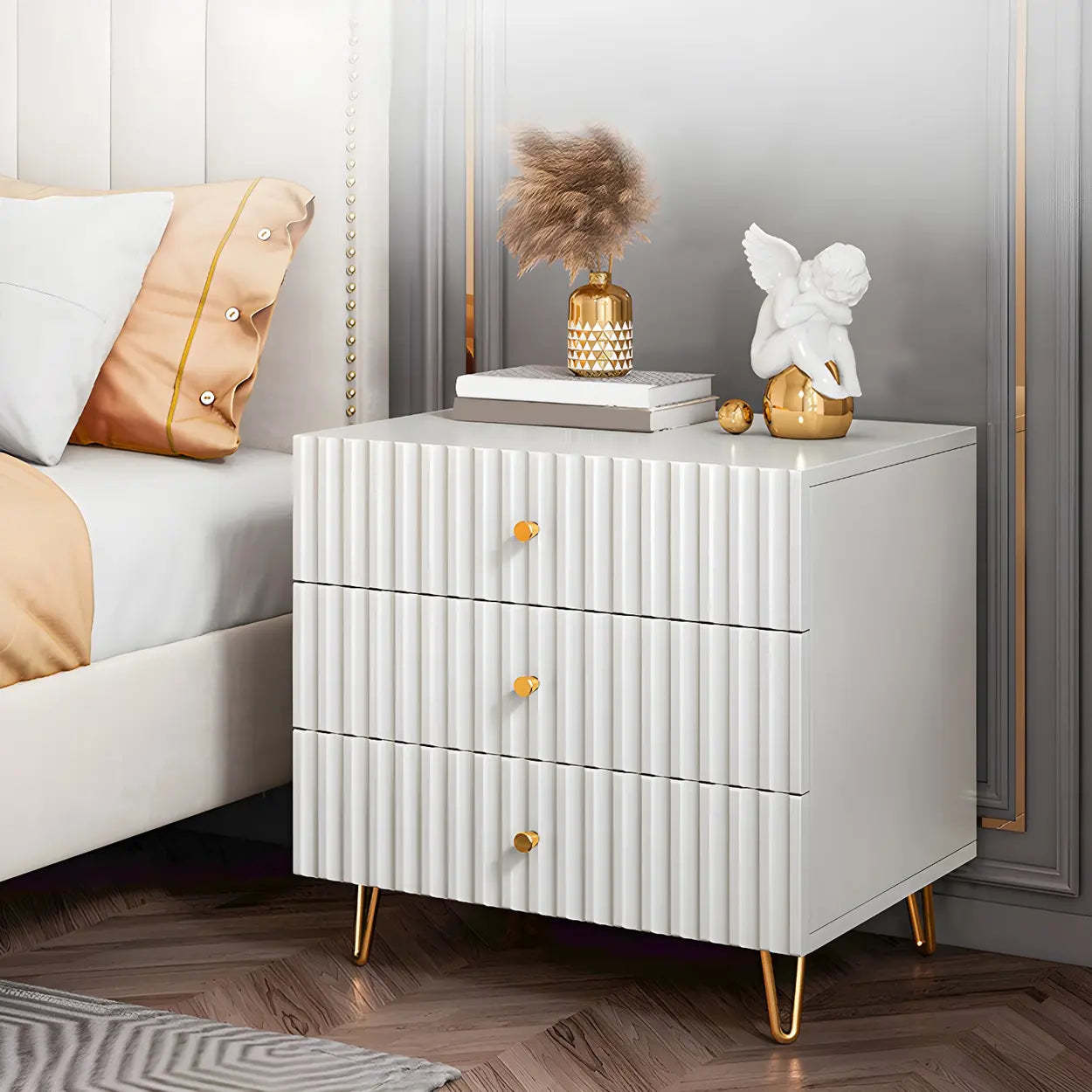 Stylish Rectangular White Wood Nightstand with Drawers — 2 Piece Set