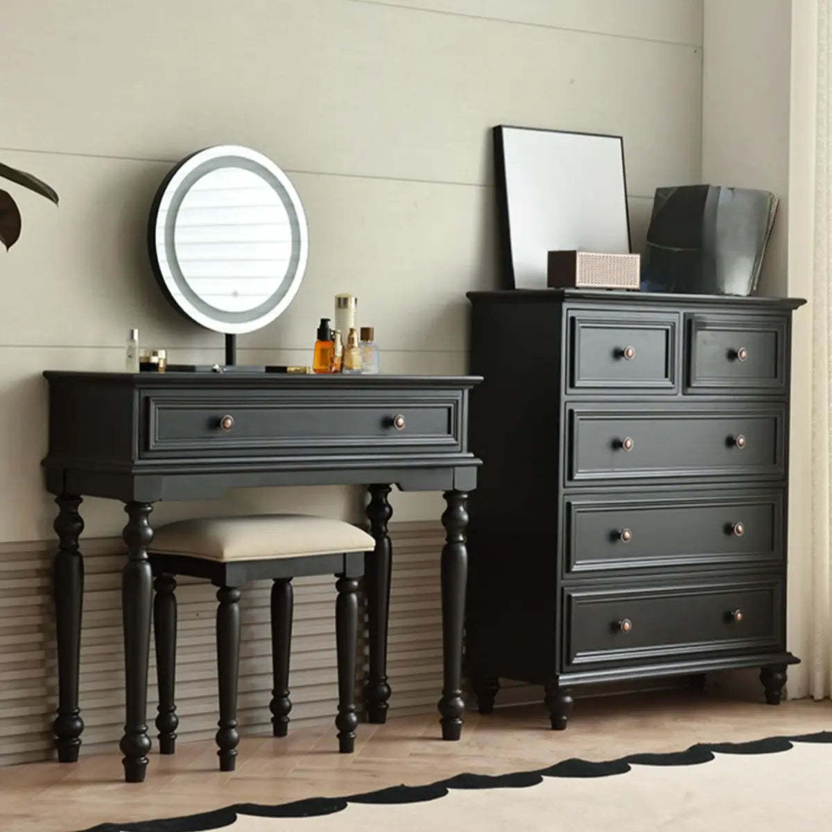 Rectangular Wood Black Makeup Vanity Set with Mirror — Black / Makeup Vanities