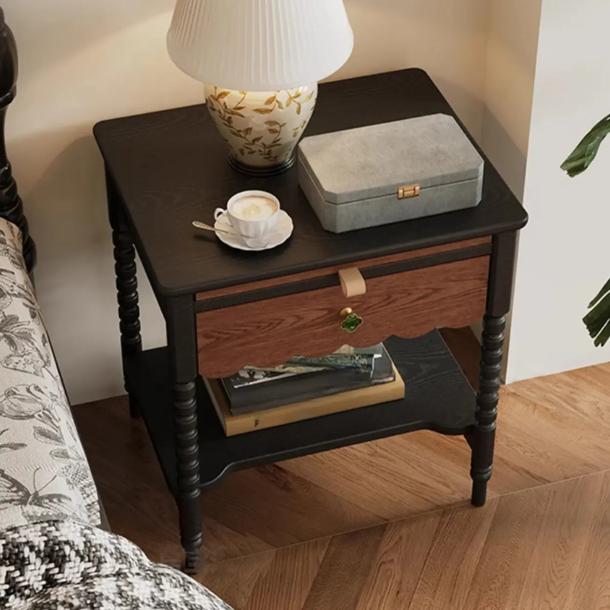 Black Rectangular Wood 1-Drawer Nightstand with Shelves