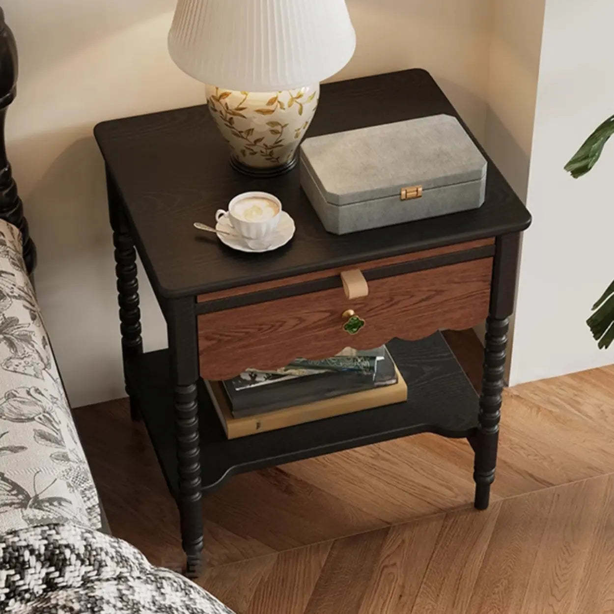 Black Rectangular Wood 1-Drawer Nightstand with Shelves — Black-Wood