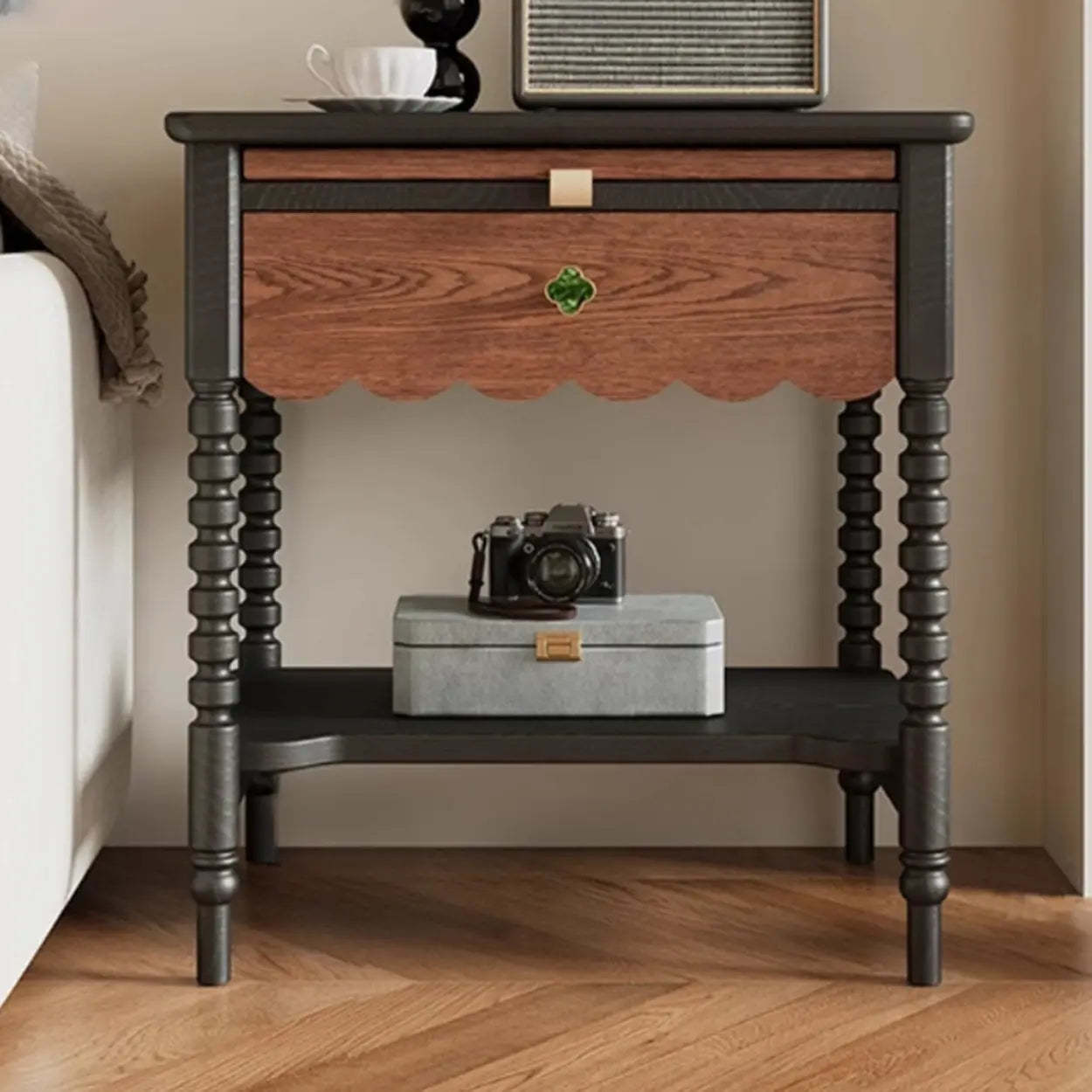 Black Rectangular Wood 1-Drawer Nightstand with Shelves