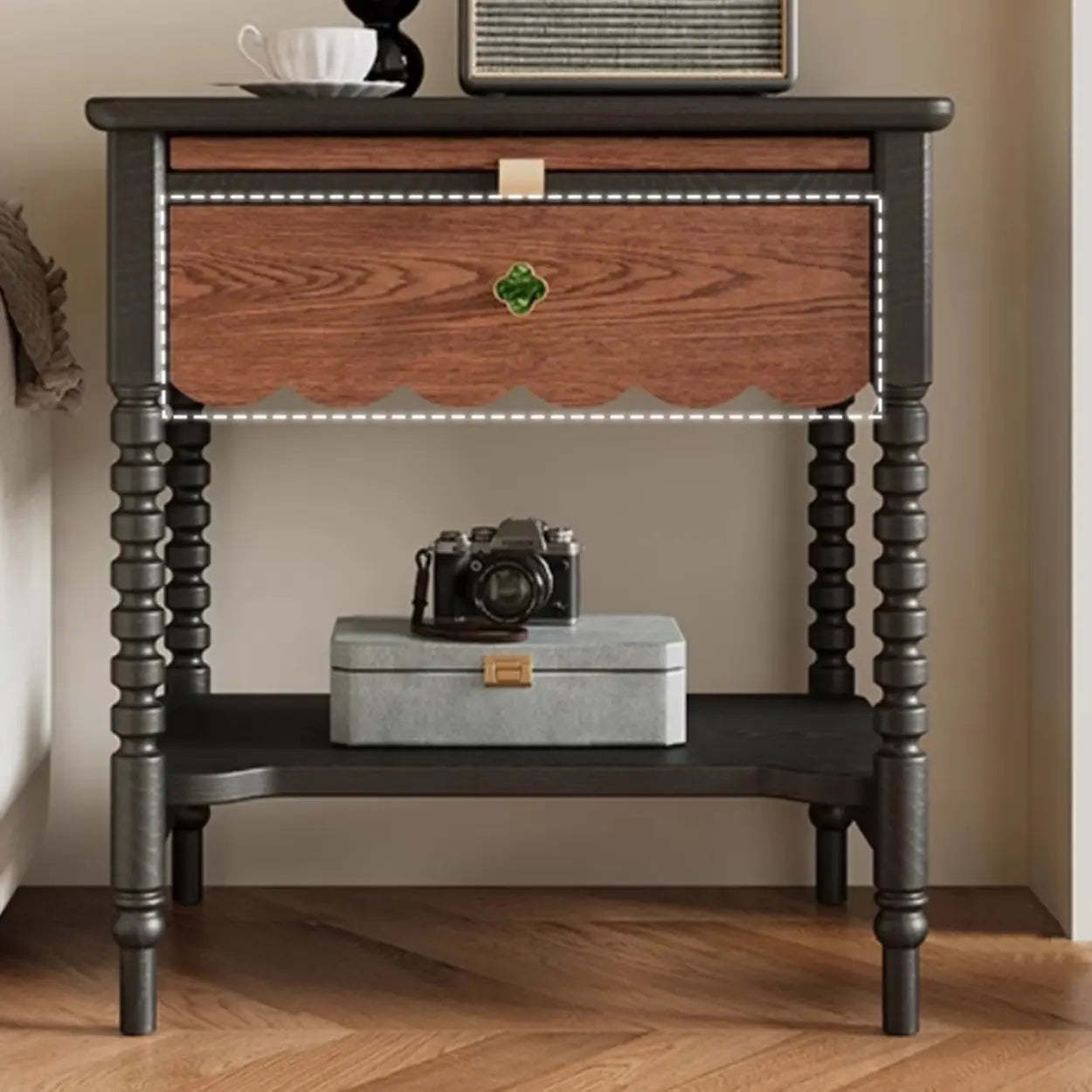 Black Rectangular Wood 1-Drawer Nightstand with Shelves