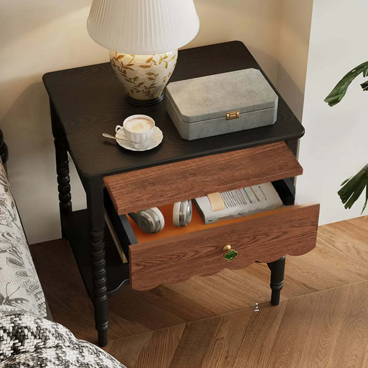 Black Rectangular Wood 1-Drawer Nightstand with Shelves