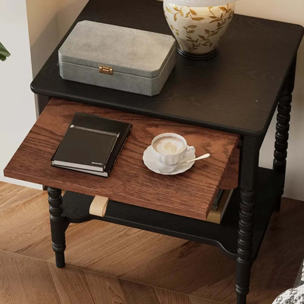 Black Rectangular Wood 1-Drawer Nightstand with Shelves
