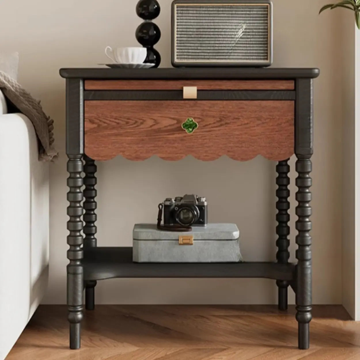 Black Rectangular Wood 1-Drawer Nightstand with Shelves