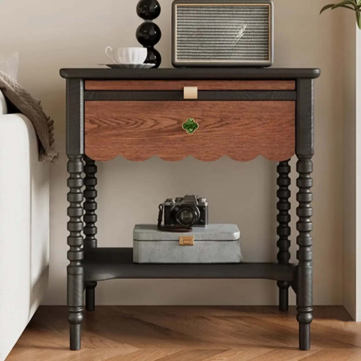 Black Rectangular Wood 1-Drawer Nightstand with Shelves