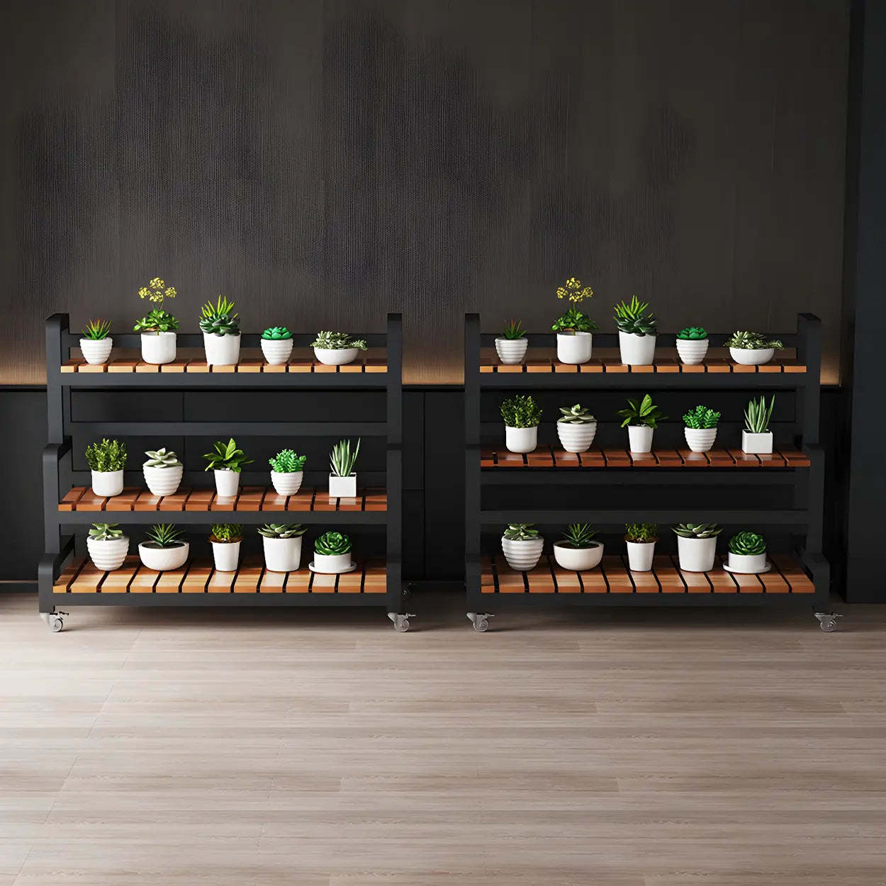 3-Tier Wood Plant Stand — Black / Casters Included