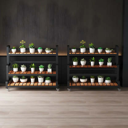 3-Tier Wood Plant Stand — Black / Casters Included
