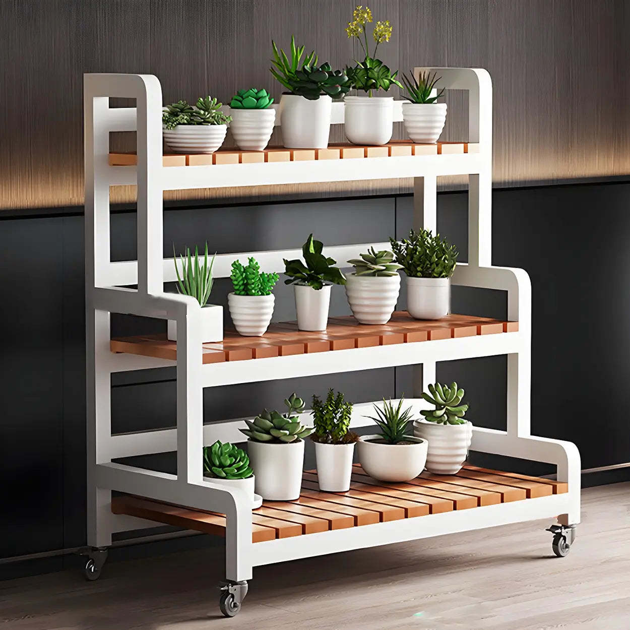 3-Tier Wood Plant Stand — White / Casters Included