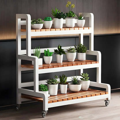3-Tier Wood Plant Stand — White / Casters Included