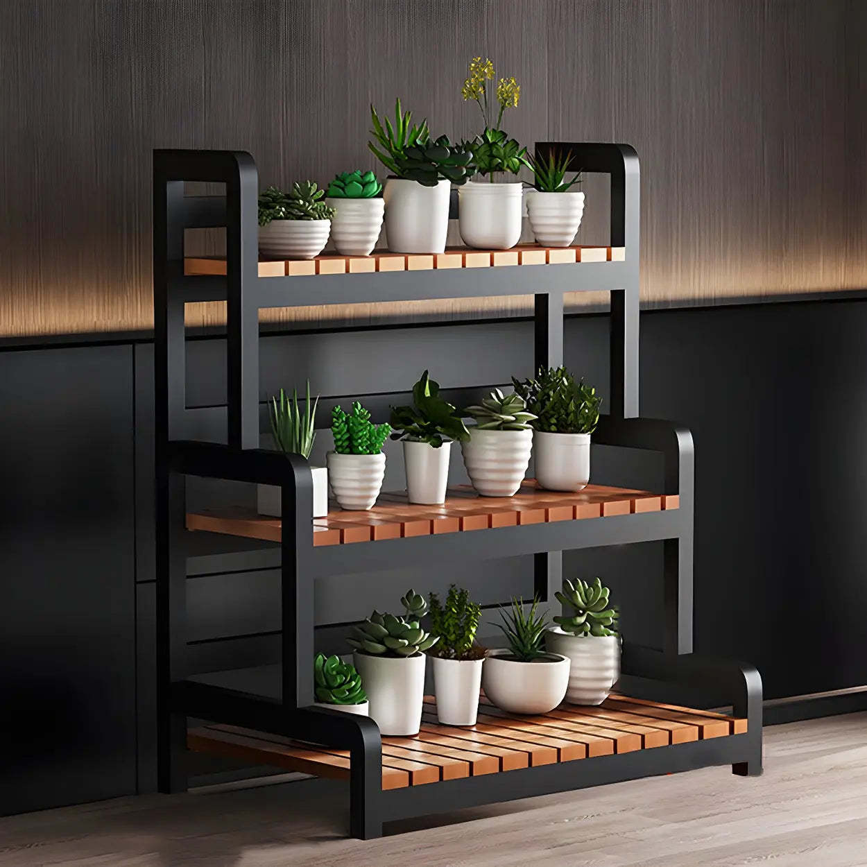 3-Tier Wood Plant Stand — Black / Casters Included
