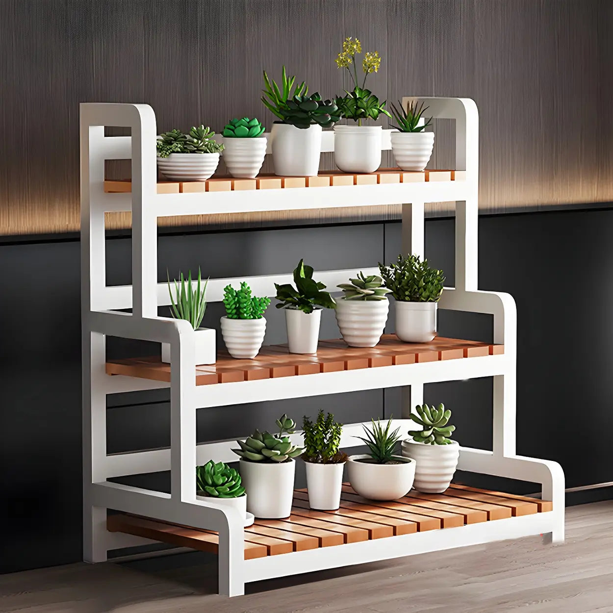 3-Tier Wood Plant Stand — Black / Casters Not Included
