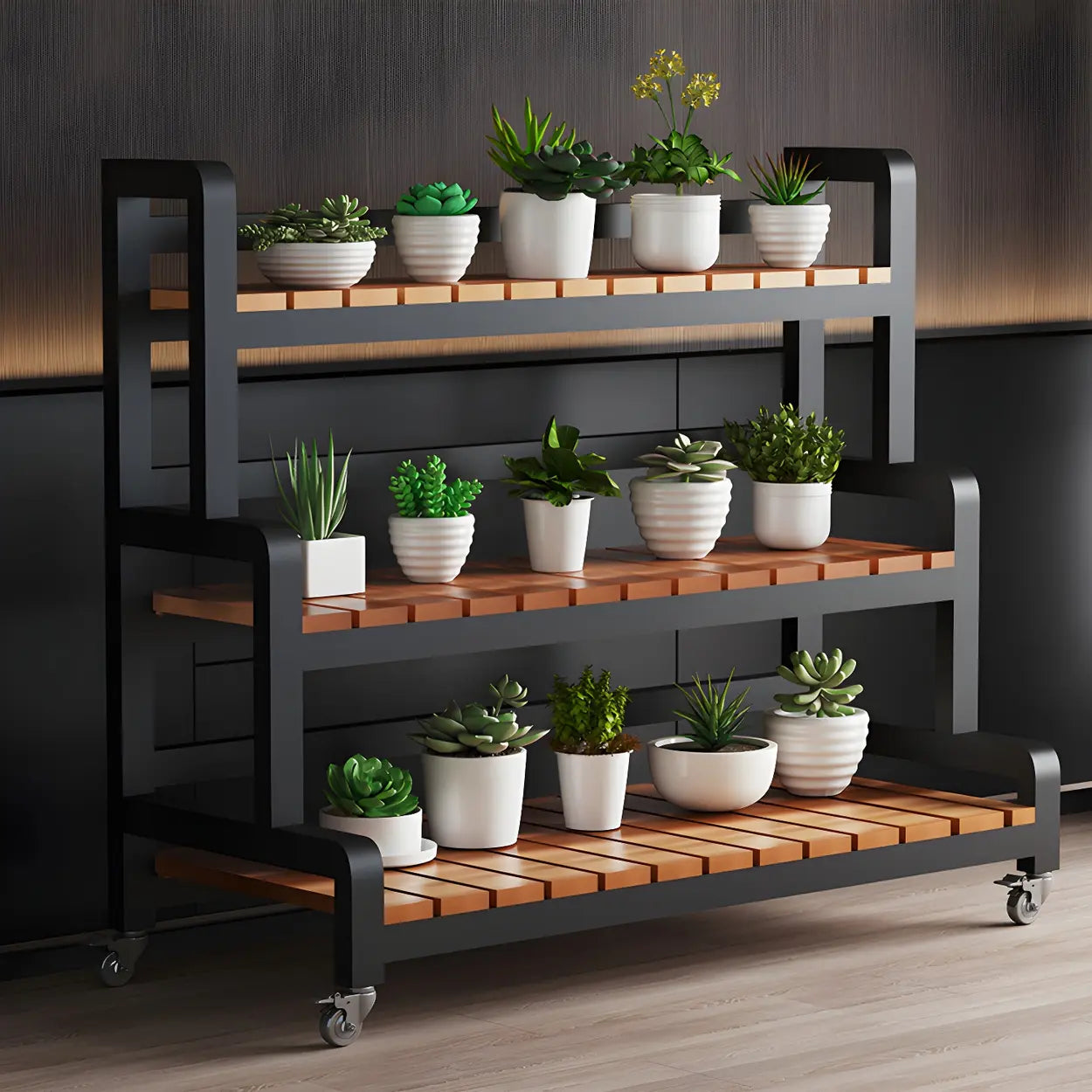 3-Tier Wood Plant Stand — Black / Casters Included