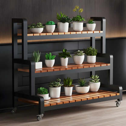 3-Tier Wood Plant Stand — Black / Casters Included