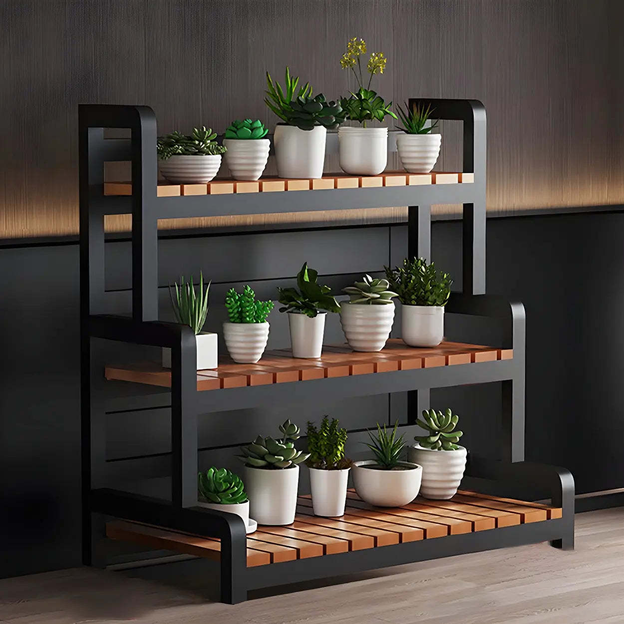 3-Tier Wood Plant Stand — Black / Casters Not Included