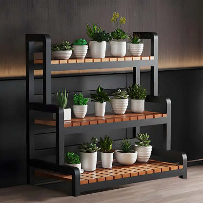 3-Tier Wood Plant Stand — Black / Casters Not Included