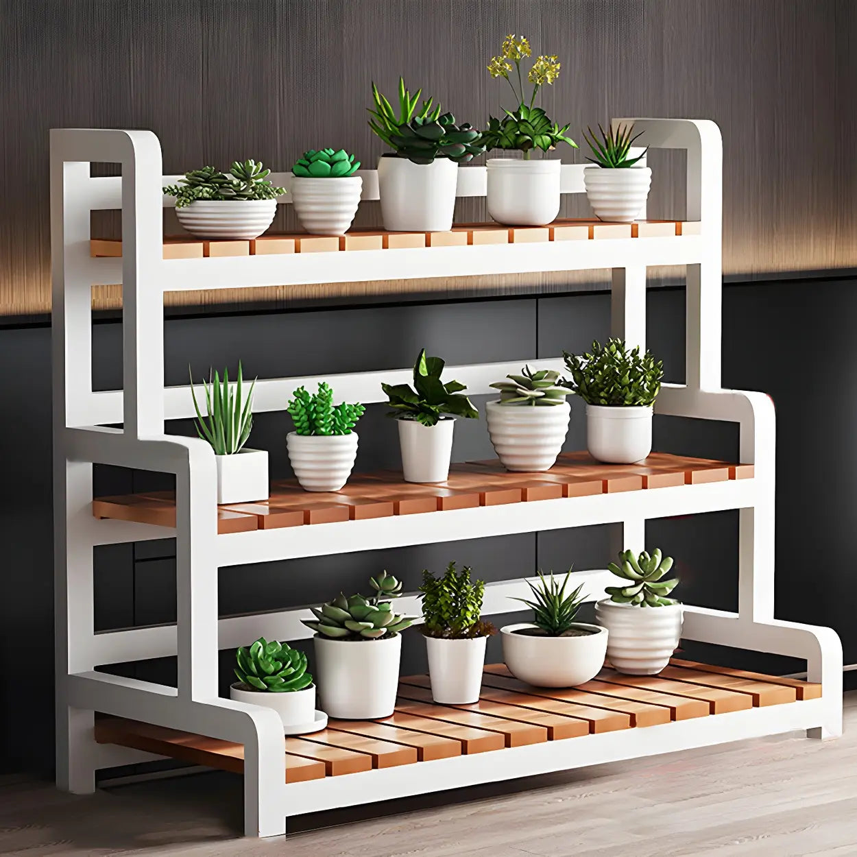 3-Tier Wood Plant Stand — White / Casters Included