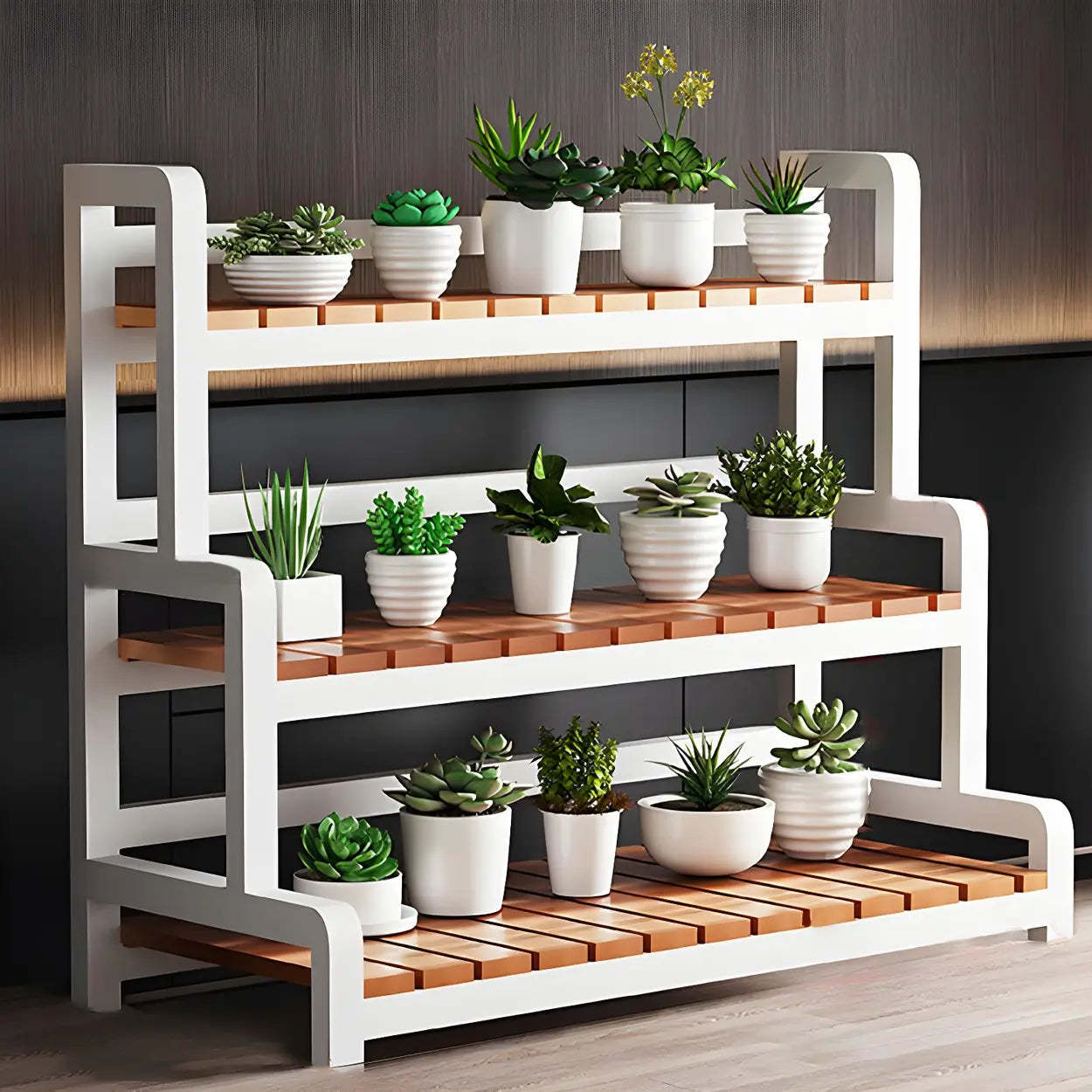 3-Tier Wood Plant Stand — White / Casters Included