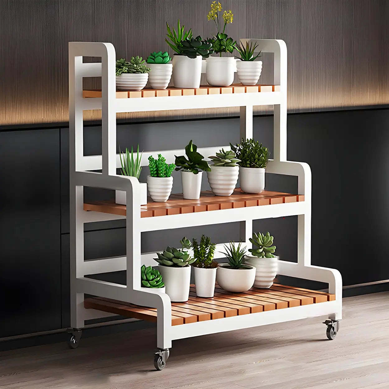 3-Tier Wood Plant Stand — White / Casters Included