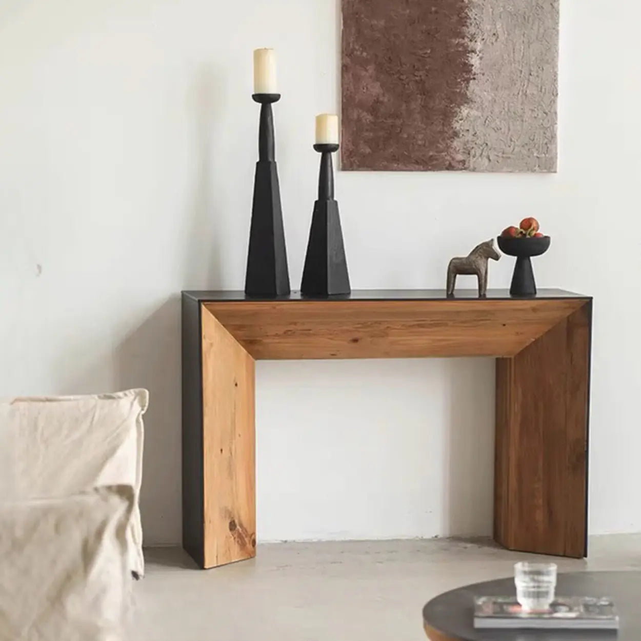 Rectangular Black Wood Double Pedestal Console Table