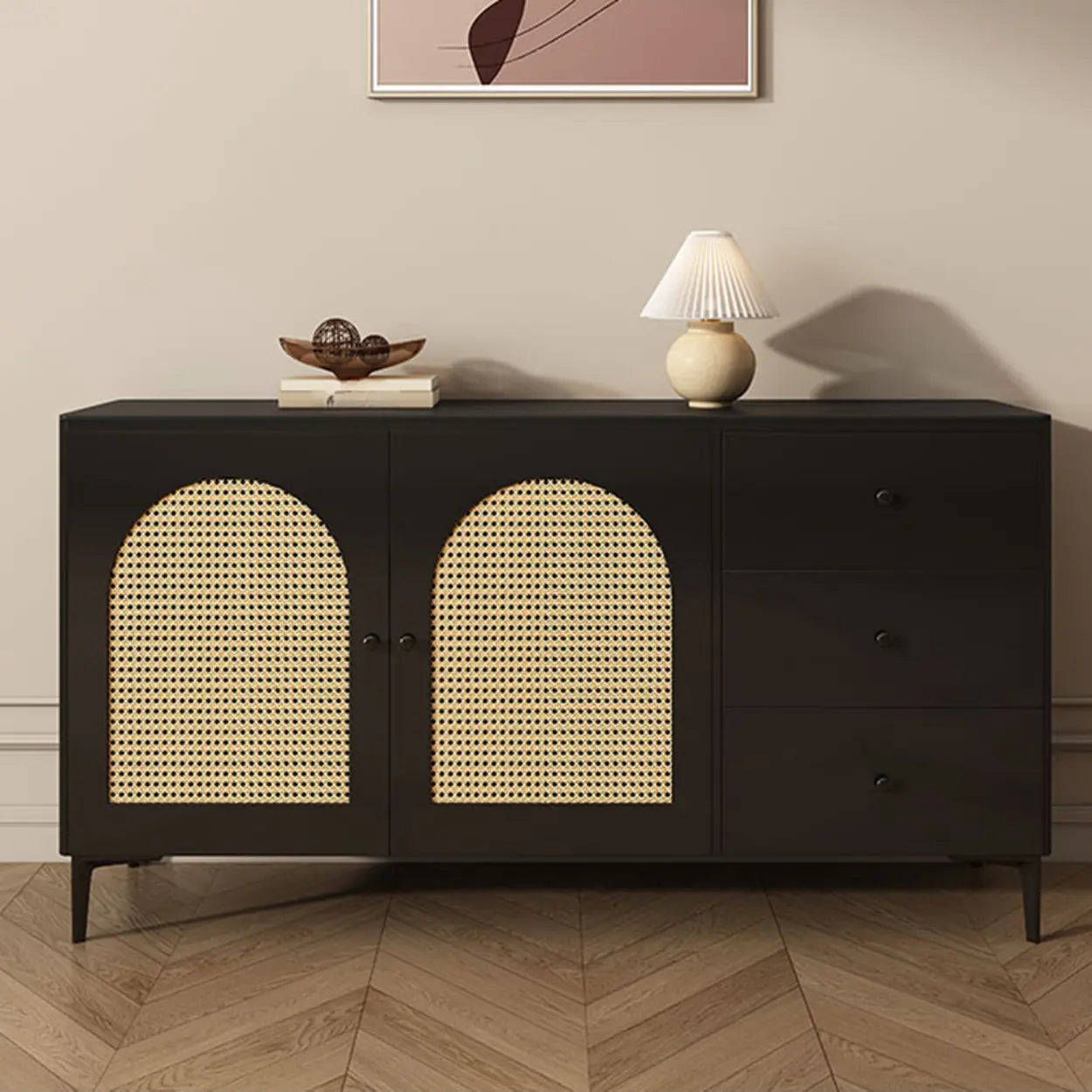 Rectangular Black Wood Floor Sideboard