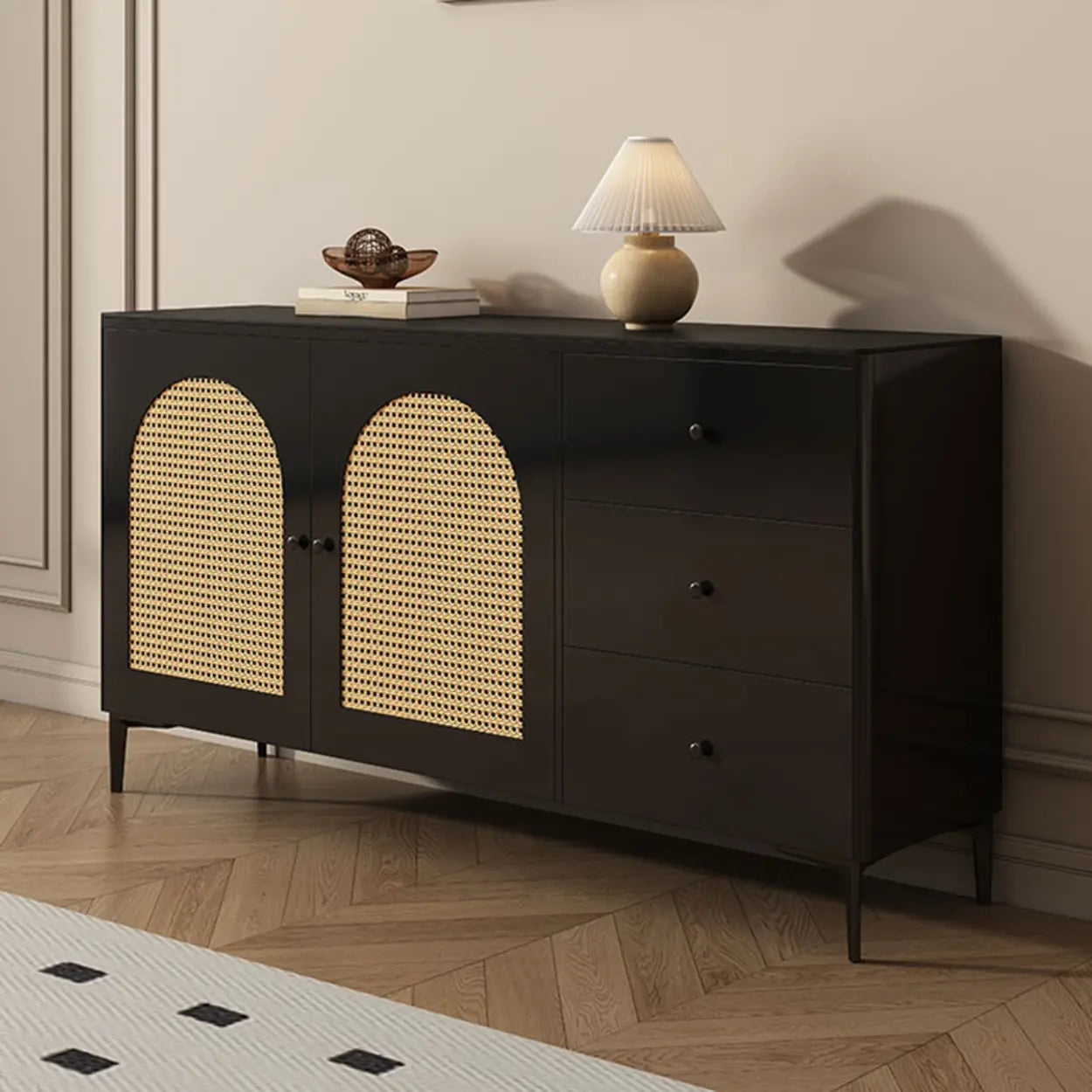Rectangular Black Wood Floor Sideboard