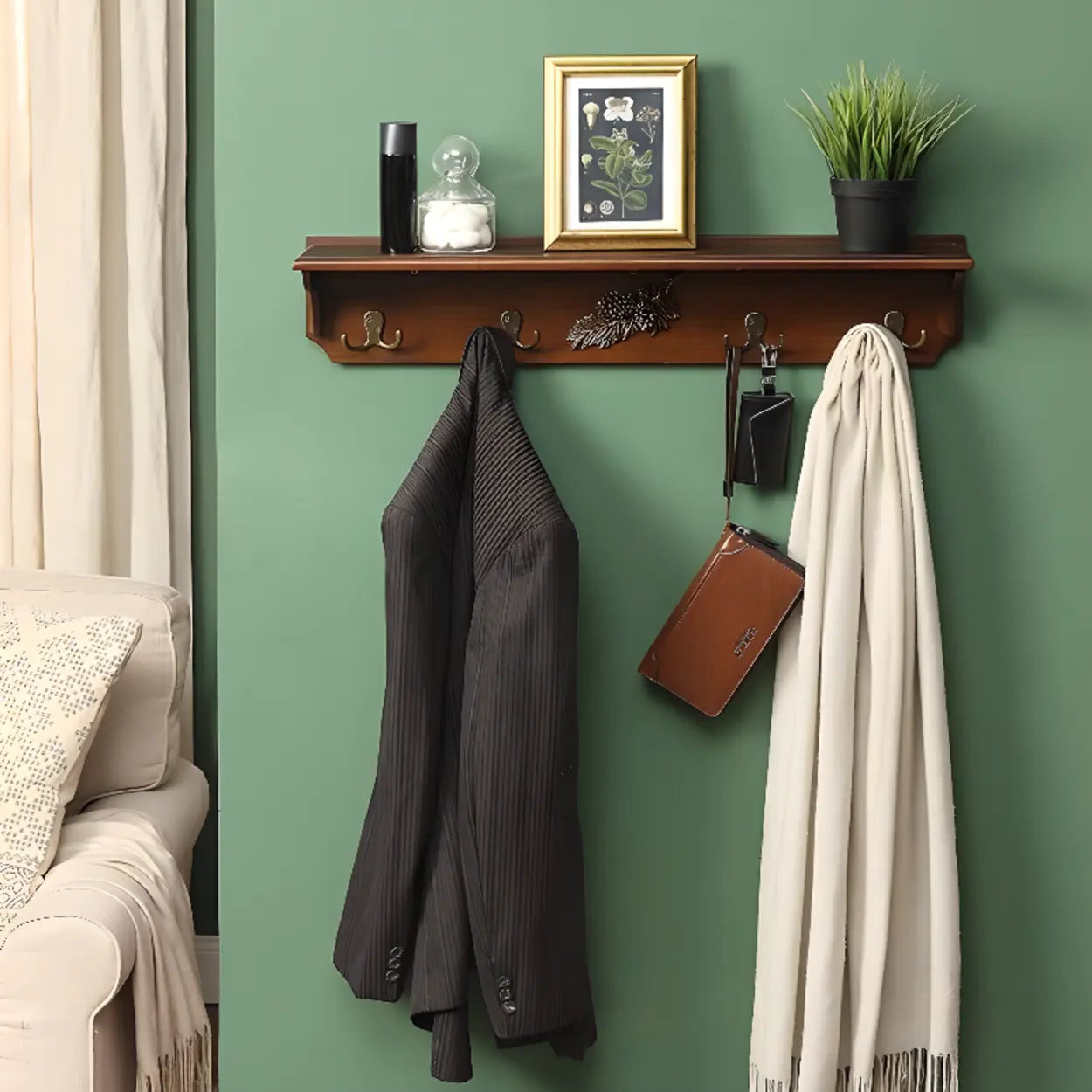 Brown Wood Wall-Mounted Shelf Coat Rack — Brown