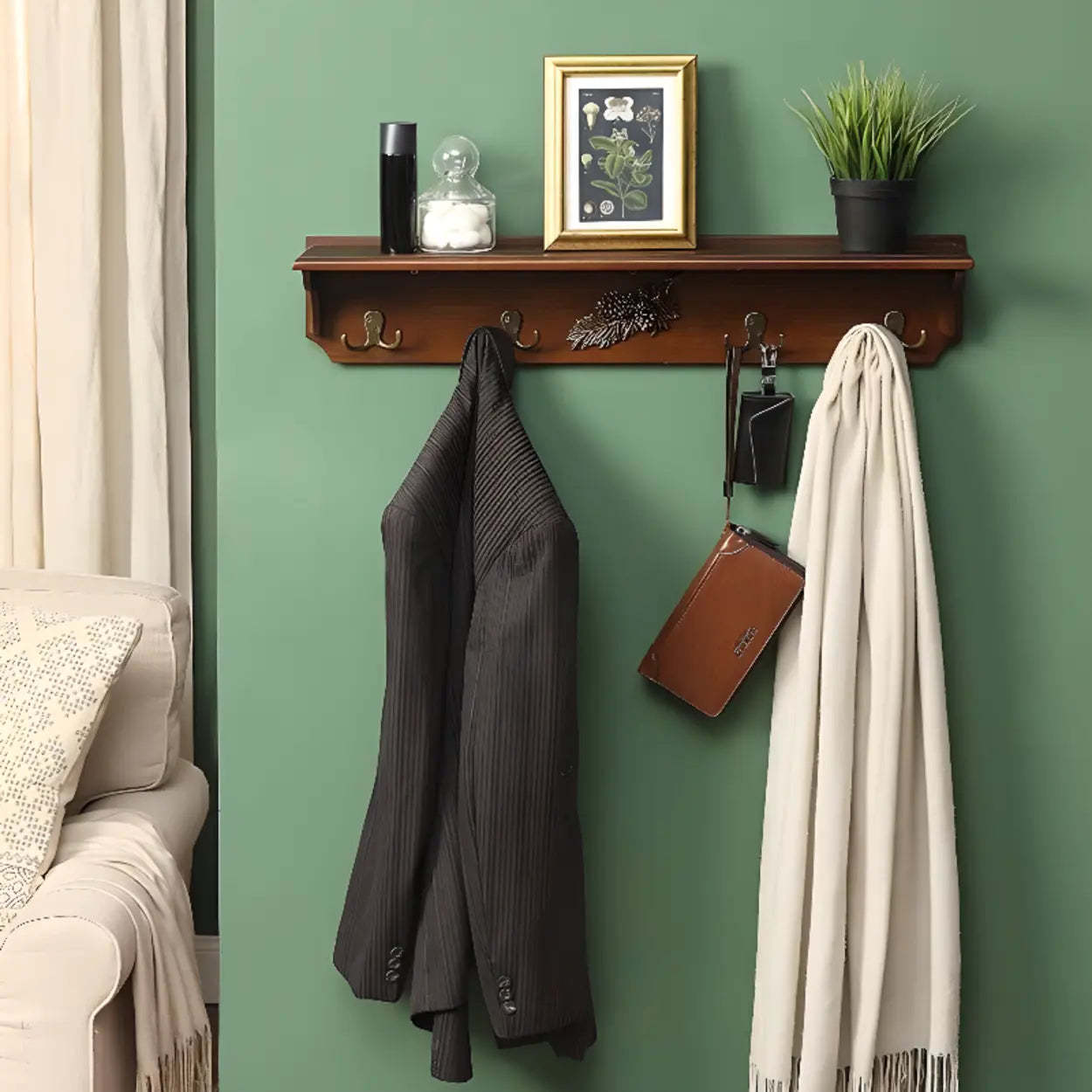 Brown Wood Wall-Mounted Shelf Coat Rack — Brown