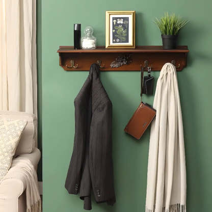 Brown Wood Wall-Mounted Shelf Coat Rack — Brown