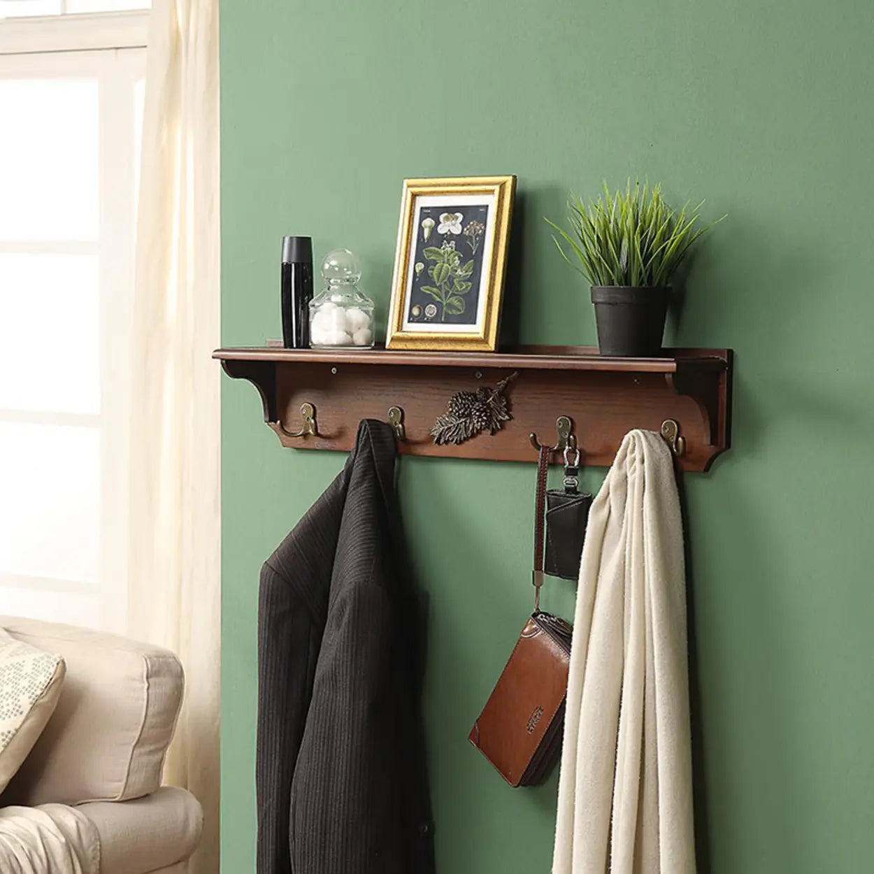 Brown Wood Wall-Mounted Shelf Coat Rack