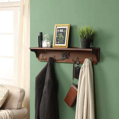 Brown Wood Wall-Mounted Shelf Coat Rack